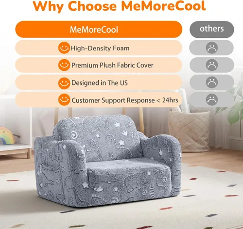 Vista 6 de MeMoreCool Sofá de dinosaurio para niños, silla plegable para niños pequeños, sofá abatible que brilla en la oscuridad, asiento convertible