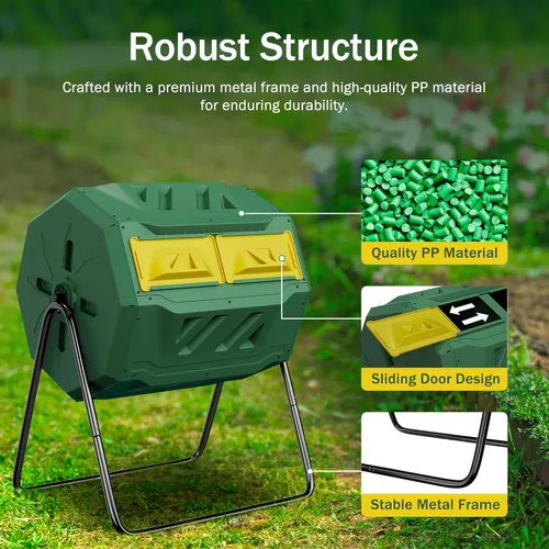 Vista 6 de JupiterForce Vaso de abono de doble cámara para exteriores, 43 galones, contenedor grande de compostaje para exteriores, giratorio de 360°, con 2