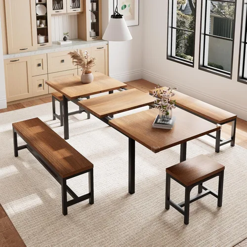Vista 8 de Einhomn Juego de Mesa de Comedor de 5 Piezas para 4-6, Mesa de Cocina Extensible de 63" con 2 Bancos y 2 Taburetes, Estructura de Metal y Tablero