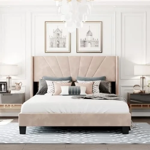 Marco de cama tapizado de terciopelo Queen con cabecera y soporte de listones de madera, marco de cama tamaño Queen, marco de cama moderno Cama Beige