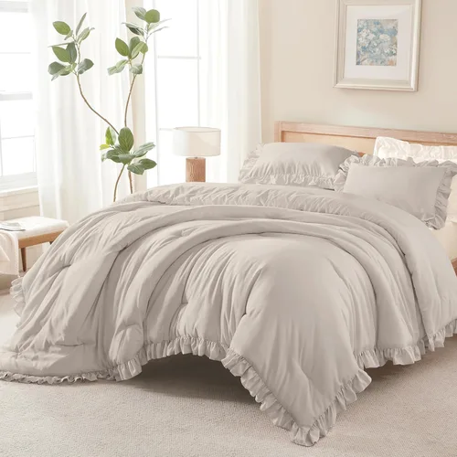 Vista 17 de Andency - Edredón beige con volantes tamaño individual, de 2 piezas, estilo rústico shabby clásico para niños, ligero y suave de microfibra