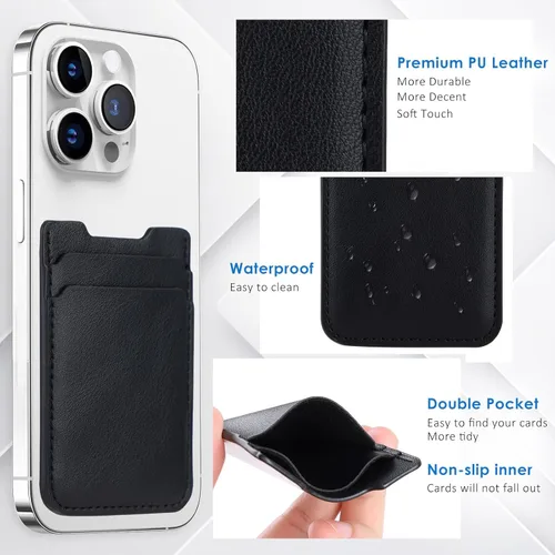 Vista 5 de Sticky Wallet, paquete de 2 fundas para tarjetas de crédito, adhesivo de cuero con doble bolsillo para iPhone, Android, Samsung - 2 negro, 1 blanco
