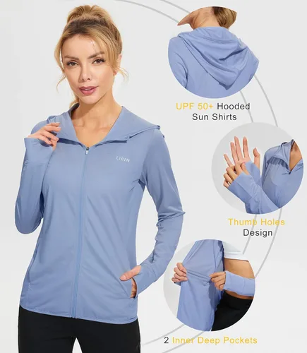 Vista 4 de Libin sudadera con capucha para mujer, con cremallera completa, UPF 50+, capucha con protección solar, de manga larga, para senderismo