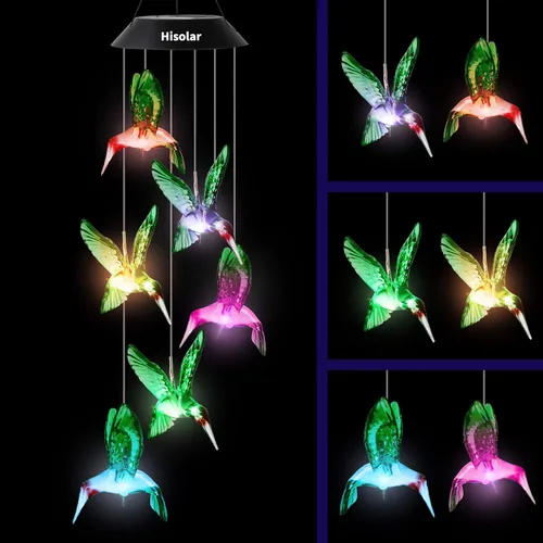 Vista 10 de Campanillas de viento solares de colibrí, luces solares que cambian de color, luces solares LED impermeables para exteriores, luces solares