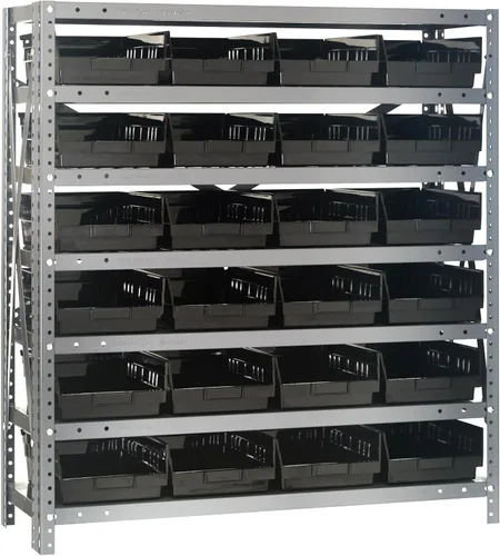 Vista 302 de Quantum QSBU-245BK Heavy Duty Shelving Unit with (7) Shelves and (24) QUS245 Black Bins for Garage Warehouse Storage Distribution 400 lb Load