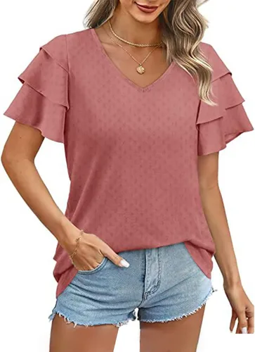 Vista 4 de Vrtige Blusa casual de manga corta con cuello en V y lunares suizos para mujer