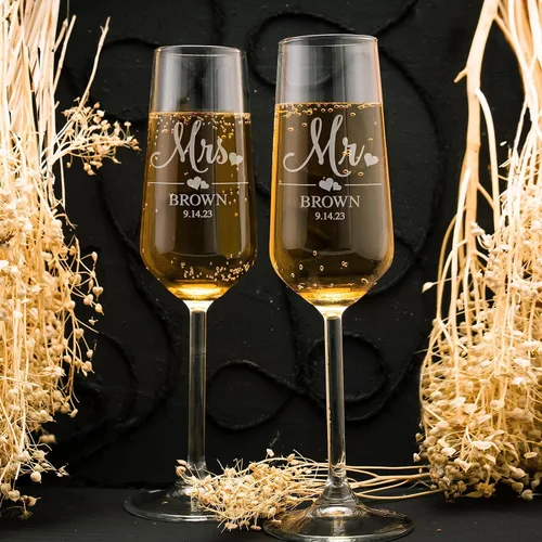 Vista 5 de Copas de champán personalizadas para novia y novio, juego de 2, 9 diseños, copas de champán para compromiso con nombres y fecha, corazones