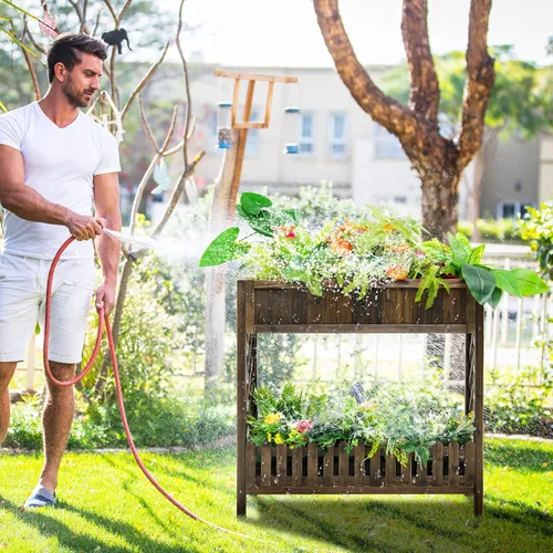 Vista 2 de S AFSTAR Cama de jardín elevada de 2 niveles, cama de flores para interiores y exteriores con valla de estante inferior, caja elevada de madera