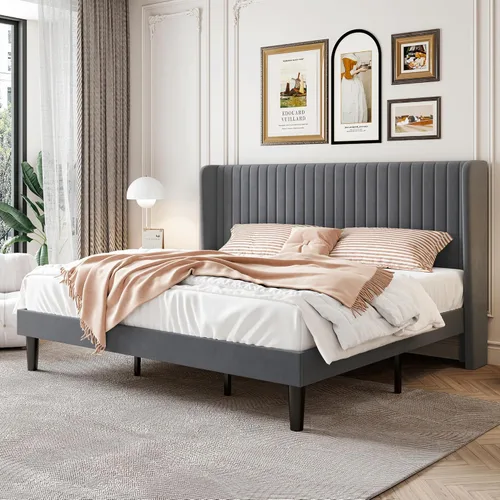 Vista 17 de SHA CERLIN Base de cama de terciopelo de tamaño matrimonial con cabecera capitoné de canal vertical, plataforma tapizada con listones de madera,