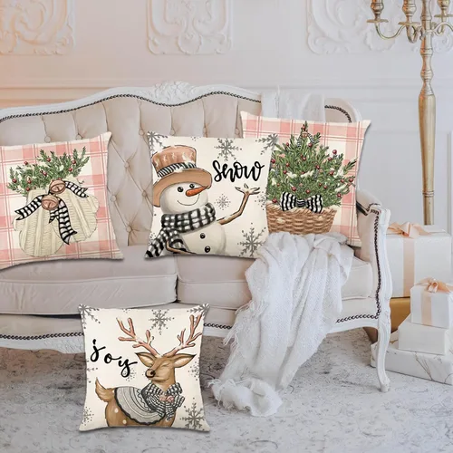 Vista 2 de Juego de 4 fundas de almohada de Navidad de 20 x 20 pulgadas, juego de 4 fundas de almohada navideñas a cuadros de búfalo para vacaciones