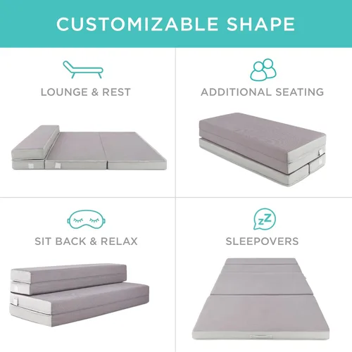 Vista 2 de Best Choice Products 4in Portable Twin-Size Mattress, Tri-Fold Mattress for Camping, Guest, Toddler, Foam Plush w/Carry Case - Grey