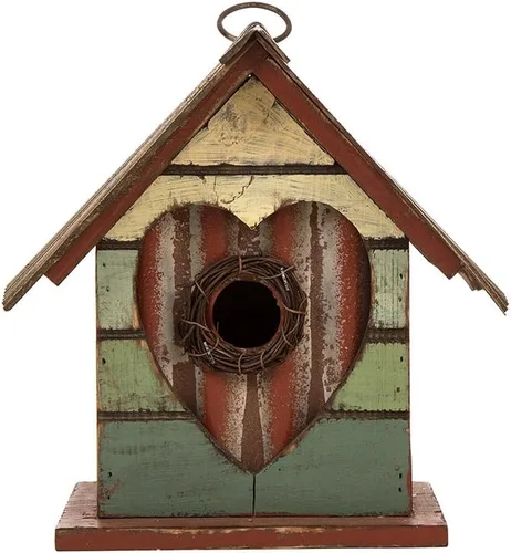 Vista 9 de Glitzhome Casas para pájaros colgantes para exteriores, 10.75 pulgadas de largo, madera maciza envejecida con flores 3D, rústicas pintadas a mano
