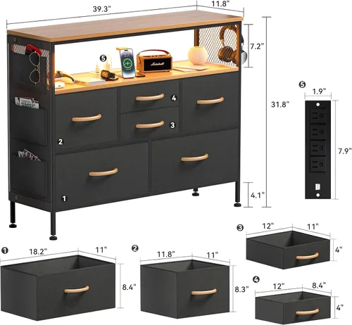 Vista 26 de Cómoda para dormitorio, soporte de TV con tomas de corriente y luz LED, cómoda de 6 cajones con bolsillos laterales y ganchos, cómoda ancha