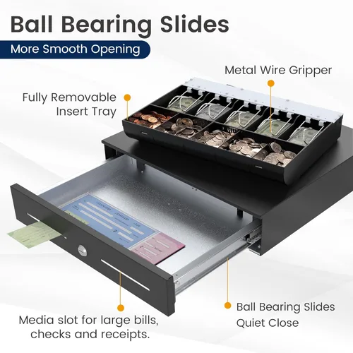 Vista 4 de Cajón de caja de 18 pulgadas de alta capacidad: bandeja extraíble de 5 billes/5 monedas, apertura electrónica automática, cable RJ11/12, 24 V
