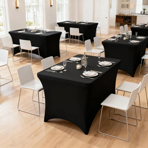 Vista 3 de Mantel negro de 4 pies, 1 paquete, mantel rectangular elástico de elastano, lavable para fiestas, comedor, boda, banquete y festivales