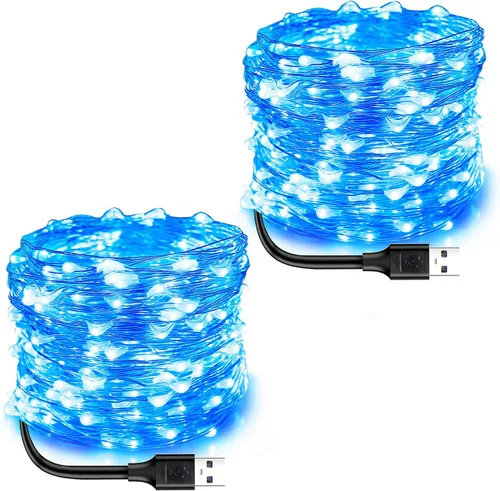 Vista 12 de Blingstar Luces de hadas alimentadas por USB, paquete de 2 unidades de 100 LED de 33 pies, cable plateado flexible, mini cadena de luces para el día