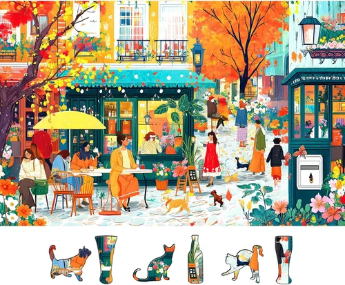 Rompecabezas de escena de café de otoño para adultos, 500 piezas, colorido rompecabezas de calle con letras en la parte posterior, rompecabezas