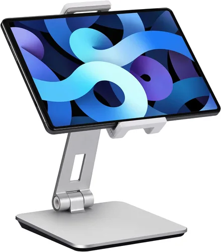 Vista 8 de Soporte para tablet ajustable y plegable, soporte giratorio de aluminio pesado de 360° para escritorio, compatible con iPad Pro/Air/Mini, Galaxy