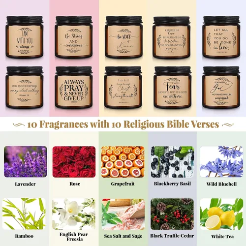 Vista 3 de Lewtemi 10 frascos de regalo cristiano para el Día de la Madre, vela perfumada de oración católica a granel, 3.5 onzas, versículo bíblico de fe