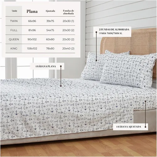Vista 5 de Great Bay Home - Juego de sábanas de microfibra costera de 4 piezas para cama King - Sábanas ultra suaves con estampado náutico - Sábanas y fundas