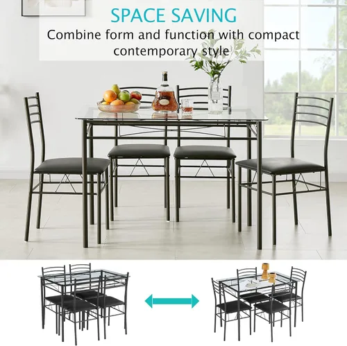 Vista 5 de VECELO Juego de mesa de comedor para 4, mesa de cocina de vidrio de 5 piezas con sillas acolchadas tapizadas para espacios pequeños, rincón de Negro