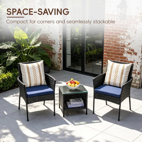 Vista 4 de 3 Piece Patio Furniture Set, Black Wicker Chairs with Blue Cushions Blue/Black