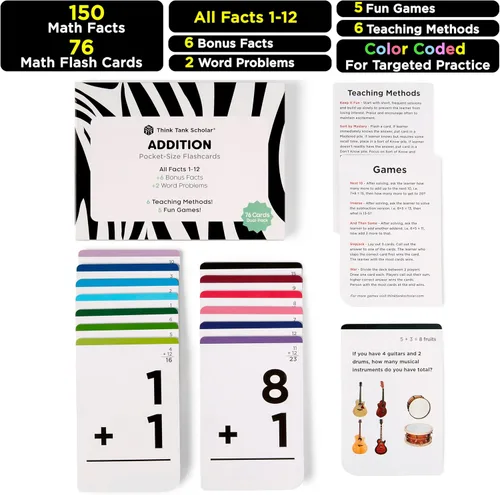 Vista 3 de Think Tank Scholar - Tarjetas de estudio de 150 datos de suma (ganador de premio), todos los datos 1 - 12, tarjetas de bolsillo para niños en jardín