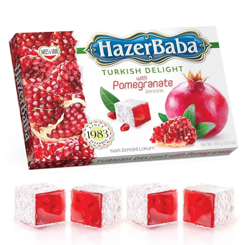 Vista 11 de Hazer Baba - Caramelos turcos, sabor a granada y zereshk, 16 onzas (paquete de 1), caja de aperitivos gourmet, aperitivo tradicional, vegano, lokum