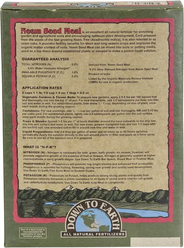 Vista 2 de Down To Earth. Alimento 100% natural para semillas de neem 5-1-2; fertilizante de 20 libras, 01312 Alimento vegetal para huertos, camas elevadas