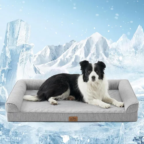 Vista 14 de Cama refrescante para perro, cama ortopédica de espuma para perros con lados, funda extraíble lavable y forro impermeable y parte inferior
