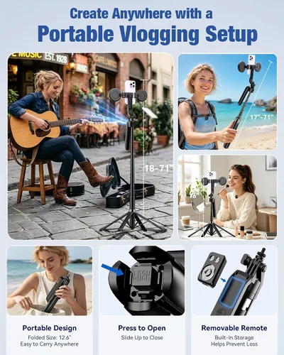Vista 8 de Content Creator Essentials Kit de vlogging para iPhone/Android, trípode de seguimiento automático de cara de 71 pulgadas para iPhone con luz y Negro