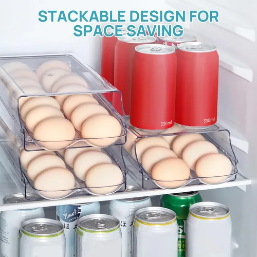 Vista 6 de Vtopmart Soporte para huevos de plástico transparente para refrigerador, contenedor automático de huevos para refrigerador, organizador apilable