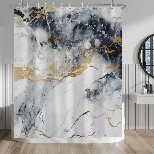 Vista 263 de Baocicco Cortina de ducha de mármol azul abstracto a rayas, decorativa, textura de lujo, línea moderna, decoración de acuarela, juego de cortinas