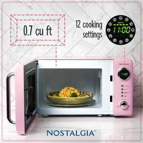 Vista 3 de Nostalgia Horno microondas retro compacto para encimera, 0.7 pies cúbicos, 700 vatios y tostadora ancha retro Nostalgia de 2 rebanadas, diseño