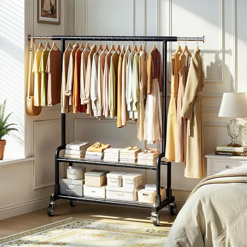 Vista 2 de Luxspire Perchero de ropa resistente, con carga de 600 libras, percheros con ruedas resistentes y estantes de 2 niveles, perchero ajustable