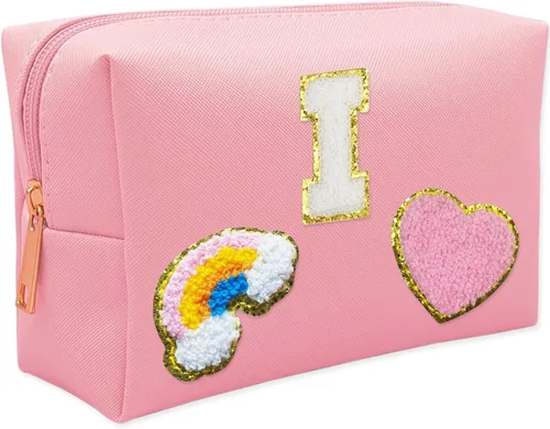 Vista 10 de Bolsa de Maquillaje Preppy, Estuche de Lápices de Cuero PU Premium Impermeable Bolsa de Cosméticos con Sonrisa Corazón Arcoíris Linda Bolsa