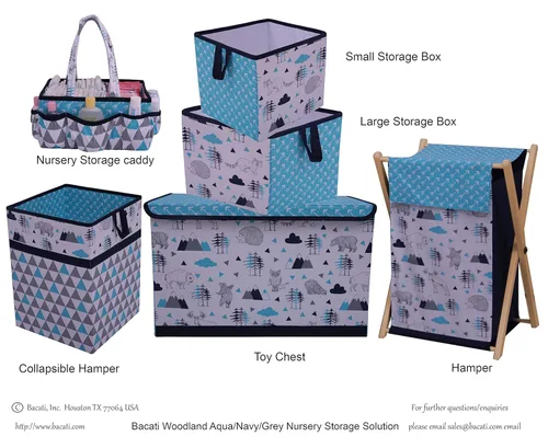 Vista 3 de Bacati Woodlands - Cesta plegable de algodón para niños, color aguamarina/gris