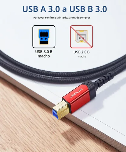 Vista 2 de JSAUX Cable de impresora USB 3.0, tipo A macho a B 3.0 macho (1M/3.3ft) Cable USB 3.0 tipo B trenzado de nylon compatible con estación