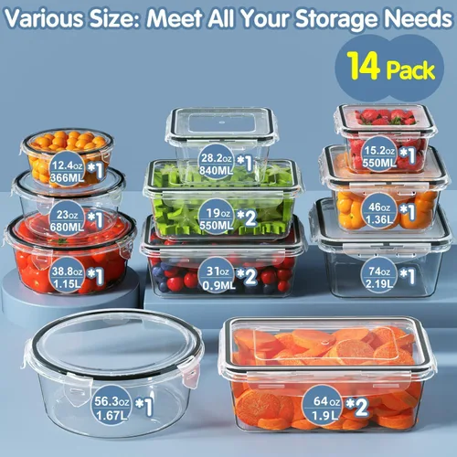 Vista 2 de 28 recipientes de almacenamiento de alimentos con tapas, recipientes extragrandes para congelador para alimentos, sin BPA, para carne, fruta