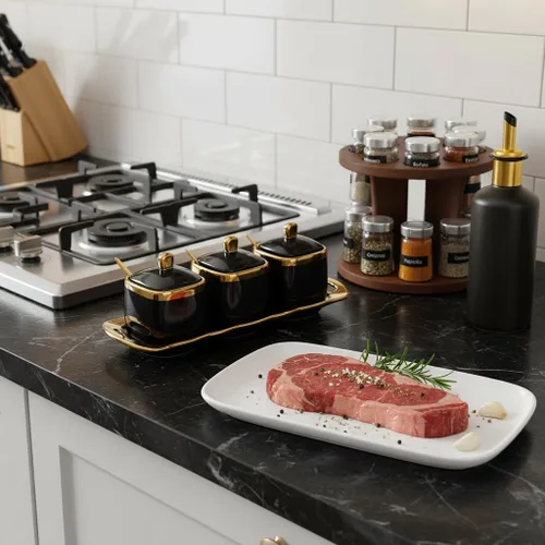 Vista 2 de Tazón de azúcar negro con tapa y cuchara, botes de condimentos de cerámica con bandeja, tarros de azúcar y sal, juego de 3 recipientes