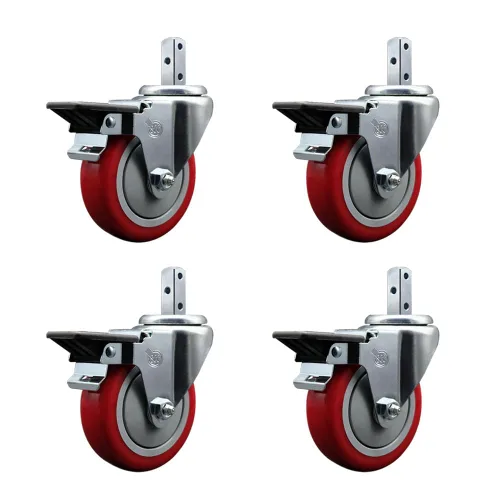 Vista 52 de Juego de ruedas con vástago cuadrado giratorio 4 con rueda de poliuretano rojo de 7,6 cm x 3,17 cm - Vástago cuadrado de 1,9 cm x 5,08 cm con (3)