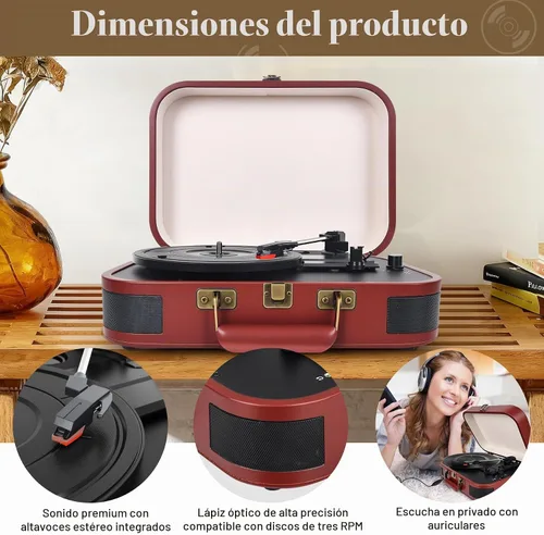 Vista 5 de Tocadiscos Vintage Suitcase, tocadiscos portátil Bluetooth de 3 velocidades con altavoces integrados, para discos de vinilo de 7/10/12 pulgadas