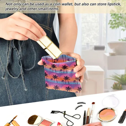 Vista 6 de Synthwave Palm Tree Sunset PU Leather Small Coin Purse Waterproof Makeup pouching Period Bag for Woman Girl