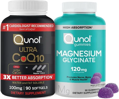 Qunol CoQ10 y magnesio: Ultra CoQ10 100 mg, 90 cápsulas blandas y glicinato de magnesio, 120 mg, 90 gomitas