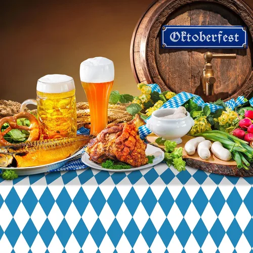Vista 5 de 1 paquete de manteles desechables para el Oktoberfest bávaro, mantel rectangular de plástico azul y blanco con bandera bávara, decoración