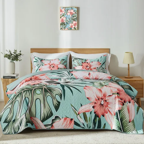 Vista 10 de Yogeneg Juego de ropa de cama Queen con patrón botánico verde y amarillo, juego de edredón blanco matrimonial/queen, colcha de verano ligera y suave