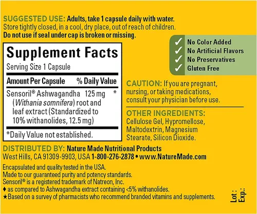 Vista 5 de Nature Made Cápsulas de Ashwagandha 125mg para el apoyo al estrés, 60 cápsulas, suministro de 60 días (paquete de 2)
