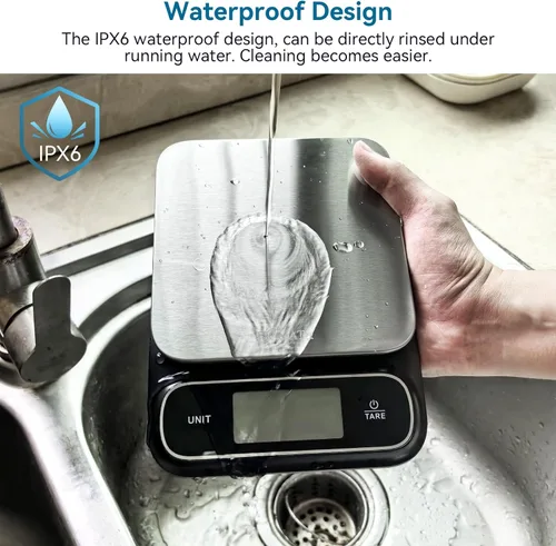 Vista 3 de BOMATA Balanza de cocina impermeable IPX6, precisión alta de 0.1 g/0.01 oz, 5 kg/11 lbs, balanza digital con luz de fondo, plataforma de pesaje