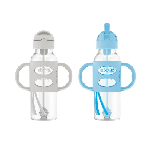 Vista 5 de Dr. Brown's Milestones - Botella con boquilla de cuello ancho con asas 100% de silicona, asas de fácil agarre e hitos, botella estrecha con sorbete