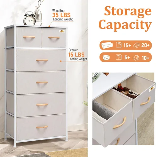 Vista 6 de Cómoda de tela para dormitorio, cómoda alta y delgada con 6 cajones, torre organizadora de almacenamiento, estructura de acero con parte superior